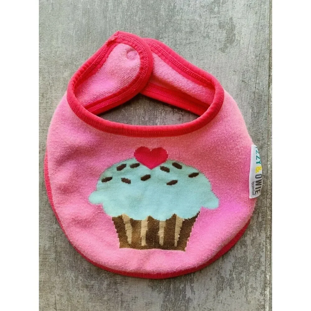Izzy & Owie Birthday Cupcake Snap Bib Pink Knit Cotton Washable Drool Burb 0-12